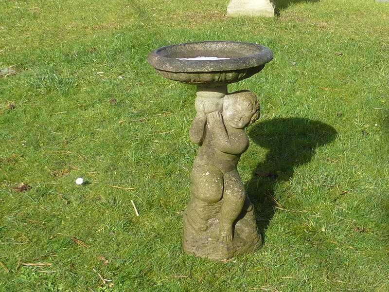 Charming Vintage Cast Stone Cherub Bird Bath 62cm Tall Garden Ornament Statue