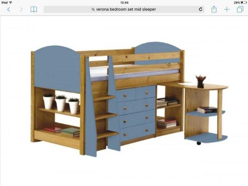 Childs bed. Verona Mid sleeper with 32 drawer chest, bookcase and pullout desk.