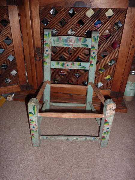 Childs wooden chair frame Mexican for project. Needs new seatwickeruphoulstery