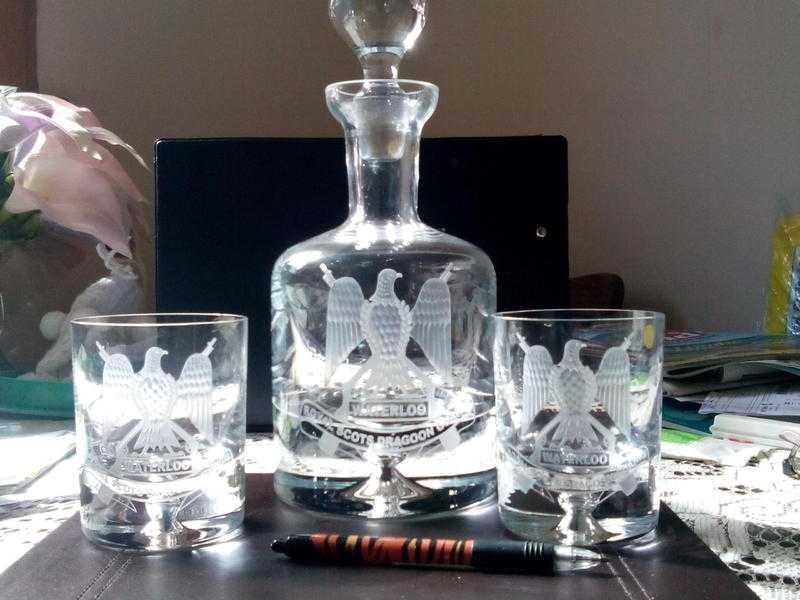 Christal Scots Dragoon Guards Decanter amp 2 Whisky Tumblers