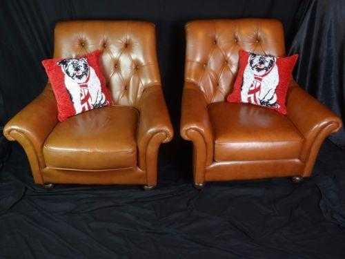 Classy Pair Handmade Thomas Lloyd Chesterfield Club Cigar Tan Leather Armchairs