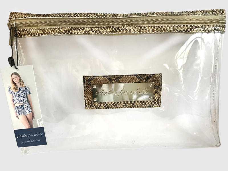 Clear Cosmetic Bag with gold snakeskin trim