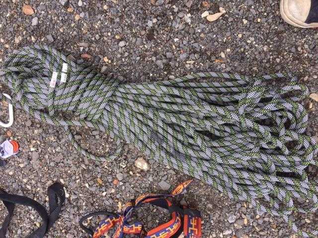 Climbing rope (unused), Black diamond harness x 2, child full body harness, Hermet etc