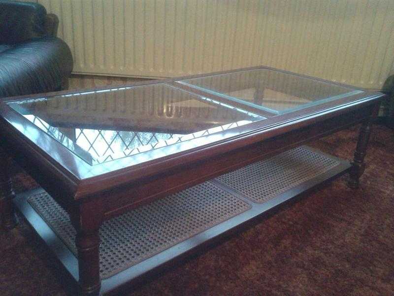 Coffee Table - Solid Wood Mahogany Colour and Glass