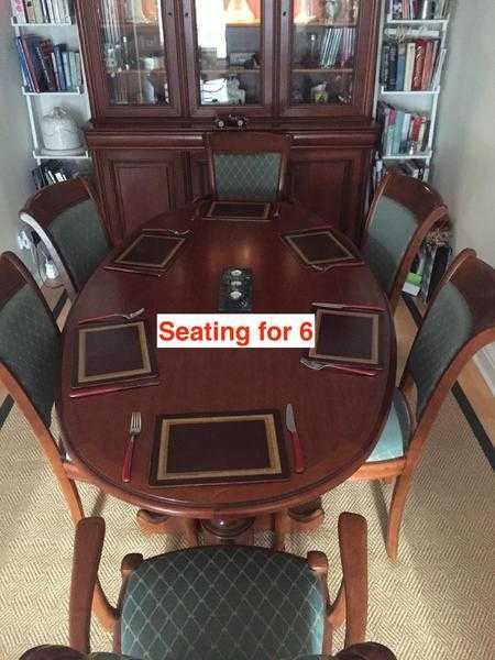 Complete dining suite extending cherry-finish dining-room table with 6 chairs, sideboard amp cabinet