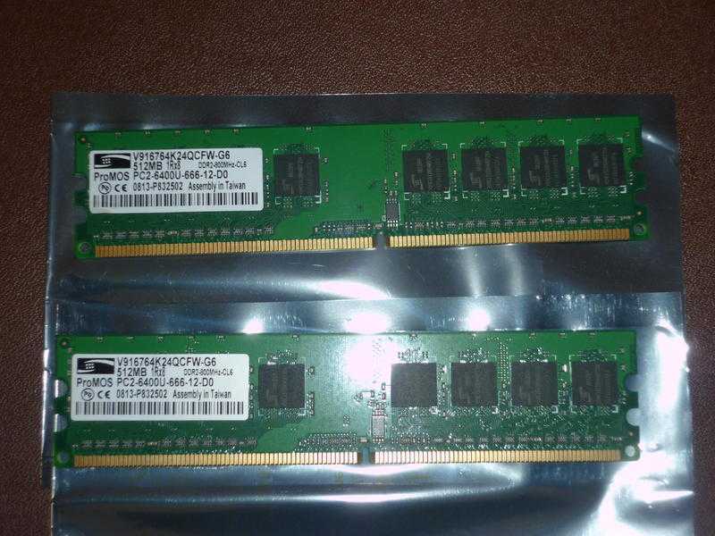 Computer Memory ProMos 2X512MB V916764K24QCFW-G6 -1Rx8-PC2-6400U-666-12-D0 DDR2-800MHz-CL6