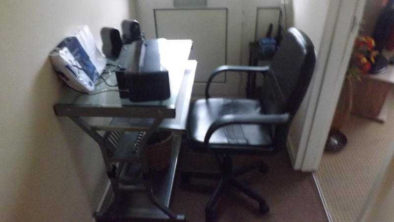 computer table, leather chair, speakers,misc