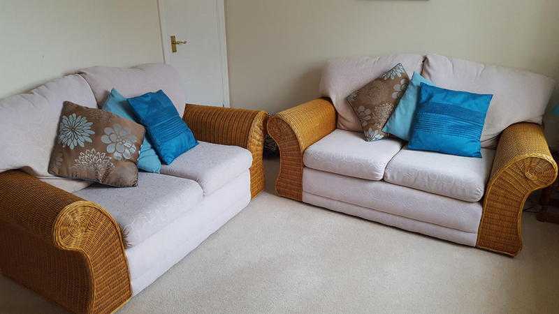 Conservatory style upholstered x2 seater sofa pair