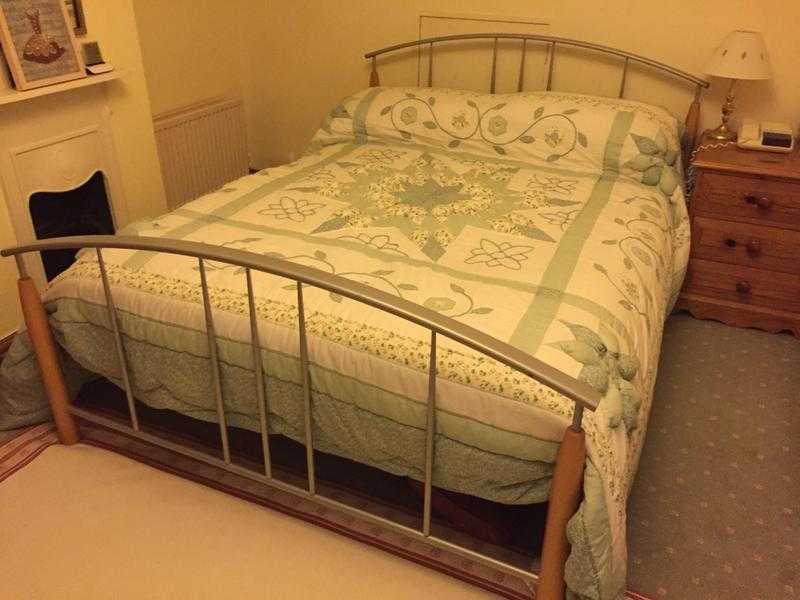 Contemporary Double Bed in Metal and Beech with new mattress