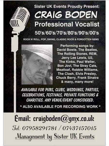 Craig Boden, professional singer for hire. Derbyshire based but can travel. Over 16 years experience