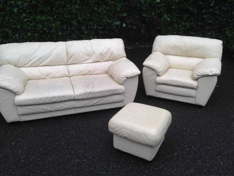 Cream Leather 2 Seater Sofa , Armchair and Footstool