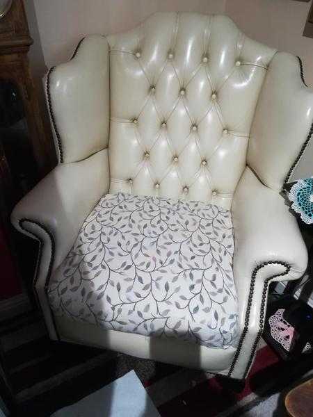 Cream leather Queen Anne high back chesterfield armchair