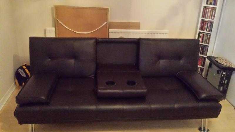 Dark brown leather sofa  sofa bed with drinks holders