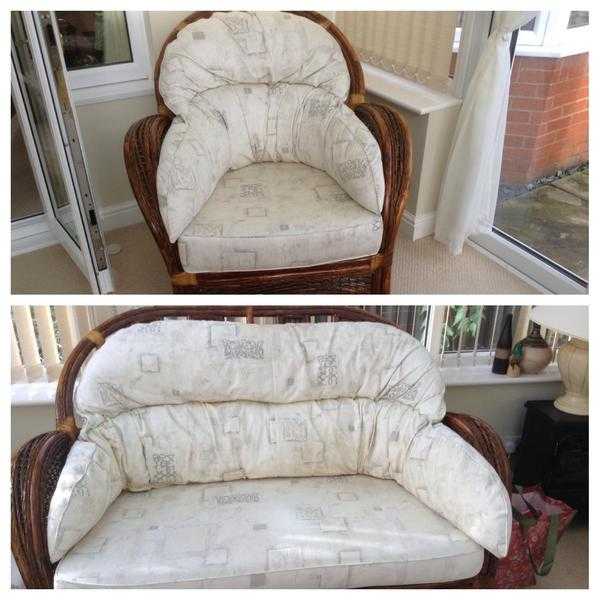 Dark wood and cream upholstery sofa and armchair