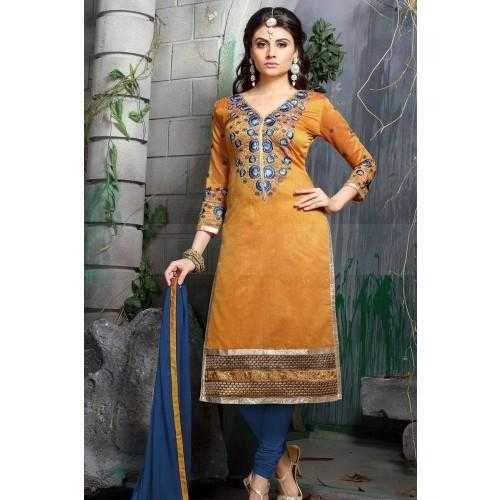 DARK YELLOW COLOR CHANDERI CHURIDAR SUIT