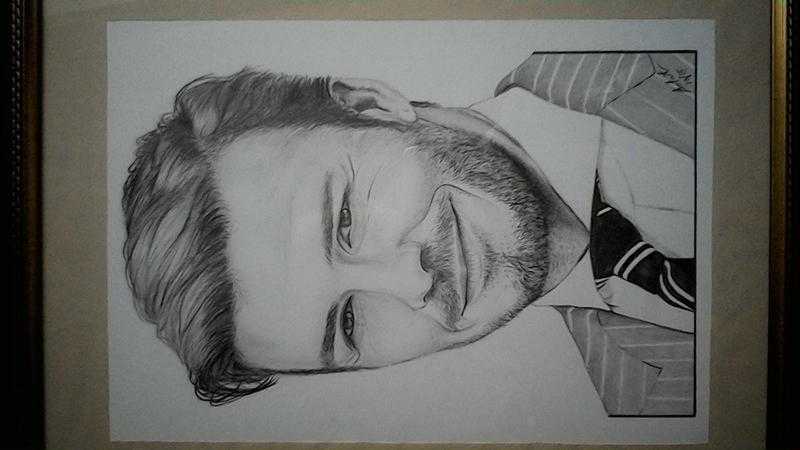 David Beckham portrait in pencil. Glass framed. Size 34 cm. x 41 cm. Original drawing by Botat.
