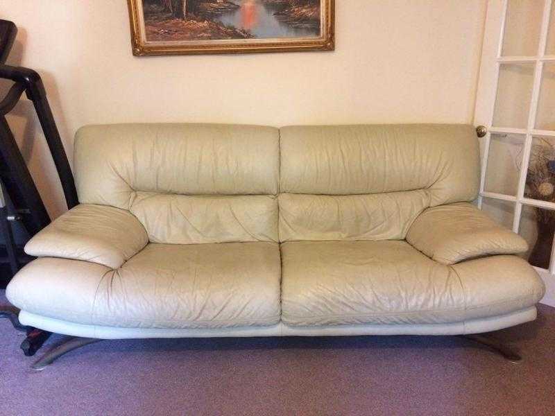 Designer Italian Leather Sofa Pair - Great Condition - Beige - Metallic Legs