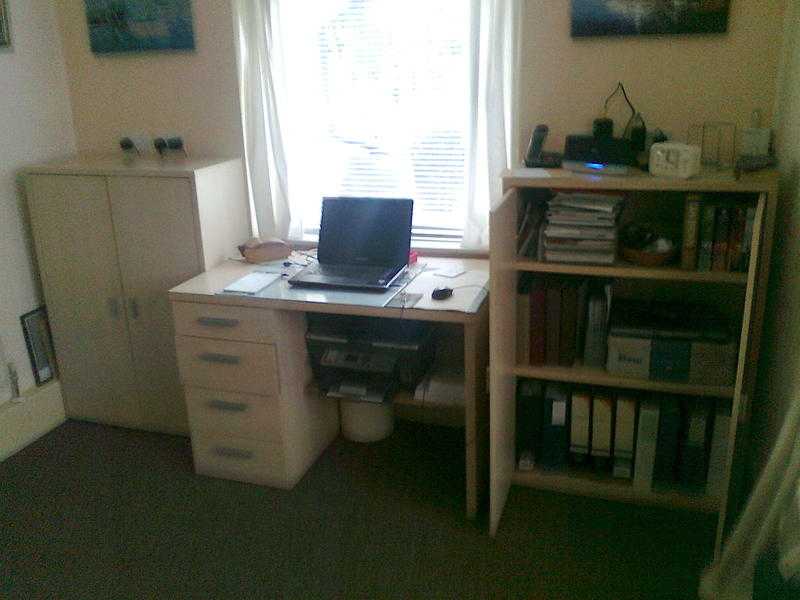 Desk and two book case with doors, ideal for your computer, printer and records.