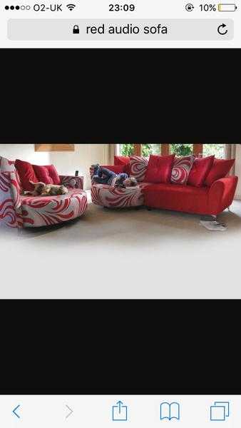 Dfs red corner sofa and round audio cuddler sofa