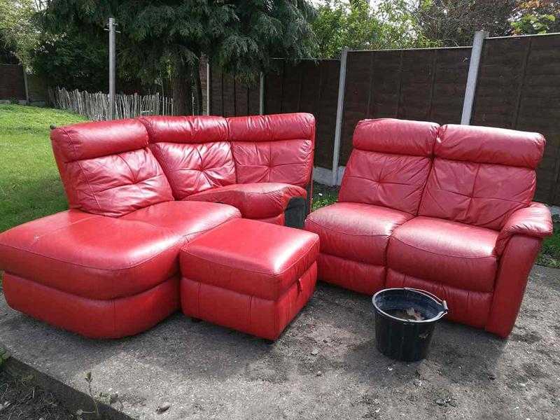 DFS Red Leather Reclining Corner Sofa with Storage Footstool