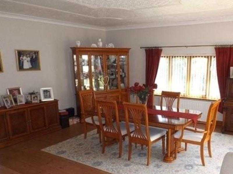 Dining room furniture - table and six chairs, also display cabinet and sideboard