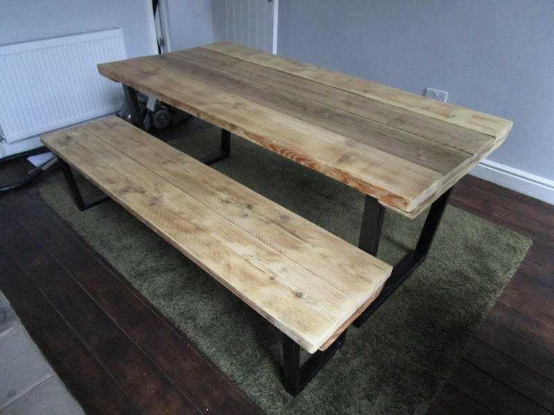 Dining table and Bench, reclaimed wood tops, industrial metal base, vintage stayle,shabby chic,table