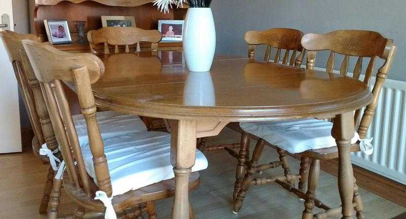 Dining table and chairs, solid wood unit and G Plan nest of tables.