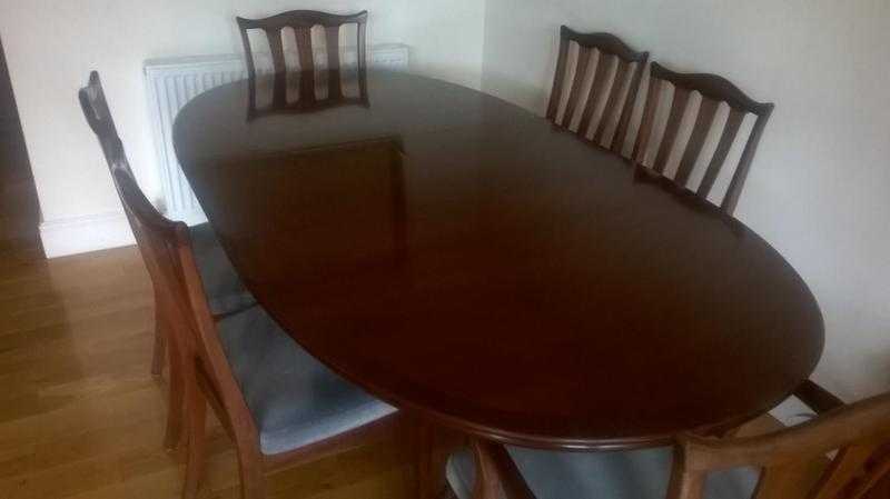 DINING TABLE, TWO  CARVER AND FOUR DINING CHAIRS