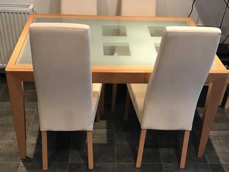 DINING TABLE WITH 4 CHAIRS - BEECH COLOUR amp GLASS TOP - CREAM CHAIRS - VGC