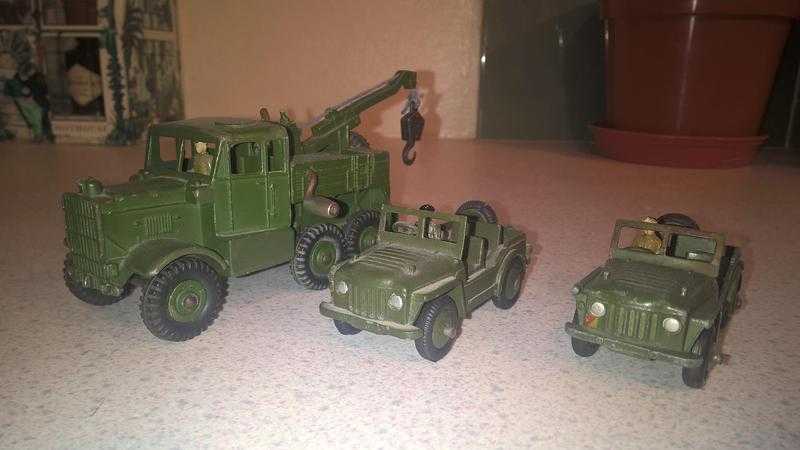 Dinky Military Scammell Explorer No.661 and two Dinky Austin Champs No.674