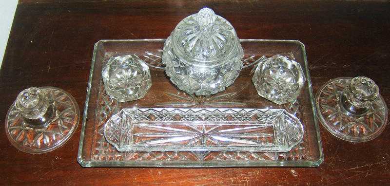 DRESSING TABLE SET, GLASS, 7-PIECE, CIRCA 1920