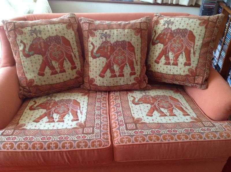 Dusky Pink Two Seater Sofa with Elephant Design Cushions - Used