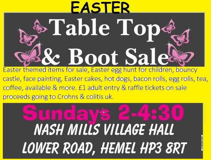 Easter table top sale and outside boot sale in aid of Crohns amp colitis uk.