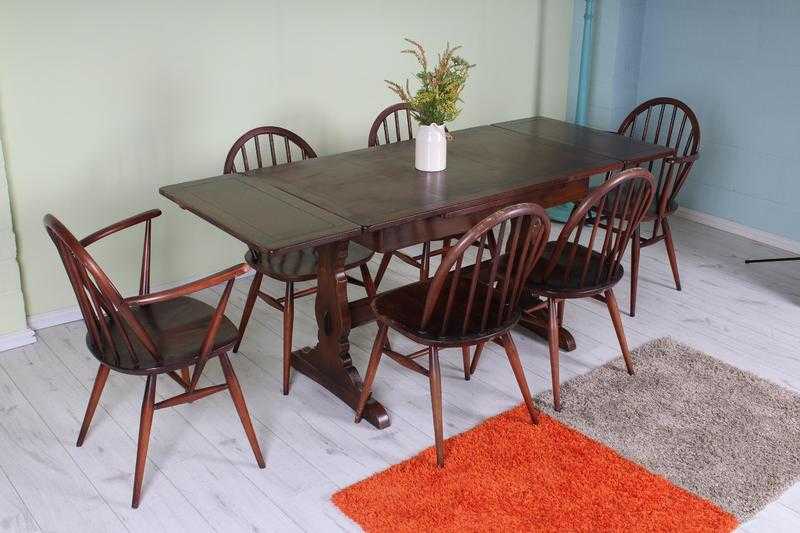 ERCOL VINTAGE 1960s EXTENDABLE TABLE amp 6 CHAIRS INCL 2 CARVERS - CAN COURIER