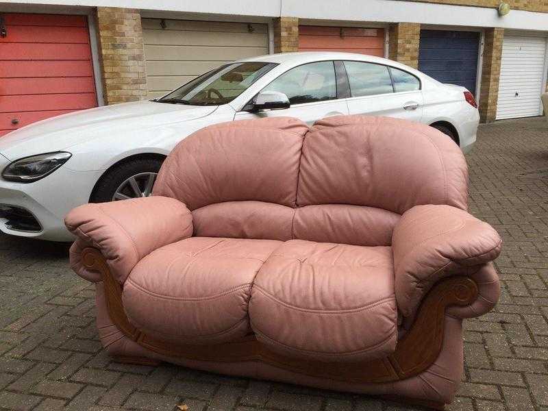 EXCELLENT CONDITION 2 Seater Pink Sofa Settee Real Leather Very Comfortable Living Room LIKE NEW