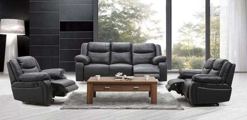 Excess Stock Orchid Black Manual Recliner Leather Sofa Suite 2 and 3Seater