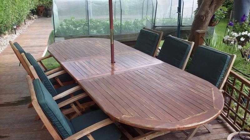 Extending table with 6 chairs amp cushions, Umbrella, Lazy Susan and cover