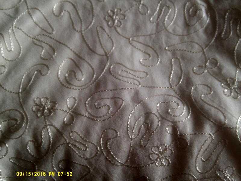 FabricMaterial  off-whitecreamy 15ft5quot x 37quot polycotton with embroidery pattern on.