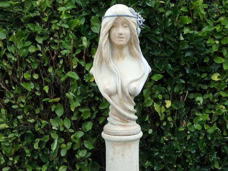 Fantastic Garden Statue Cast Stone Female Bust on Column Plinth with Lead Detailing 146cm Tall