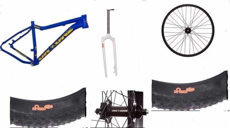 Fatty trail mtb frame, fork, front wheel and 2xfat tyre bundle all in mint condition unused