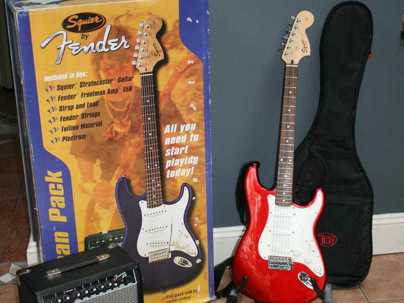 Fender Squire Stratocaster Red Electric Guitar and Fender Frontman 15R Amp plus accessories Ex Cond