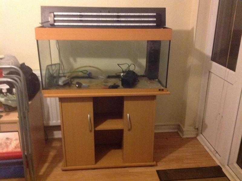 Fish tank and matching stand with plenty of storage, complete with accessories.