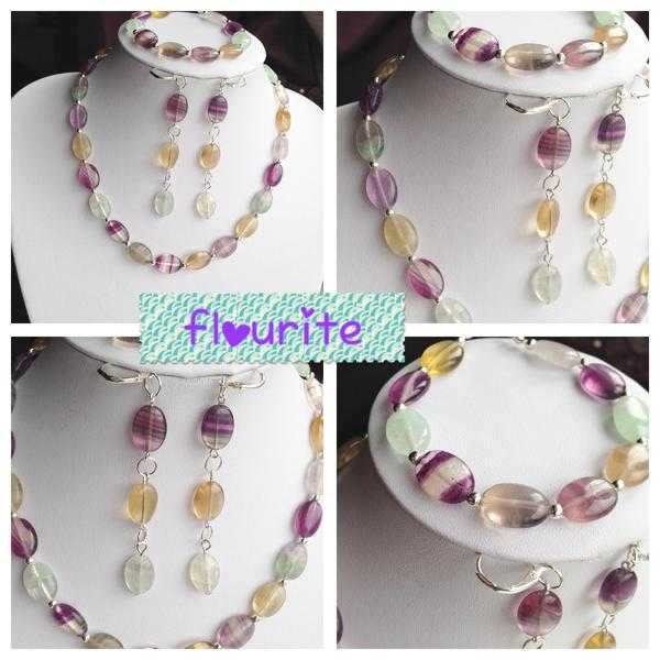 flourite jewellery set, flourite necklace, bracelet and earrings, yellow purple green flourite