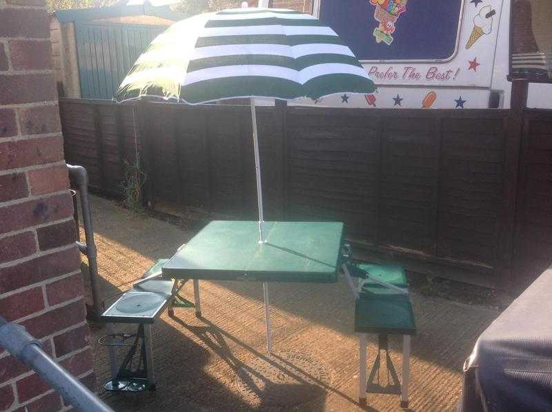 Folding table amp chairs with sun shade kit garden  caravan  beach