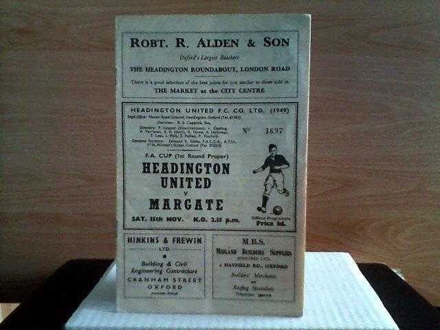 FOOTBALL PROGRAMME FOR FA CUP MATCH BETWEEN HEADINGTON UNITED amp MARGATE F.C. 1958-9