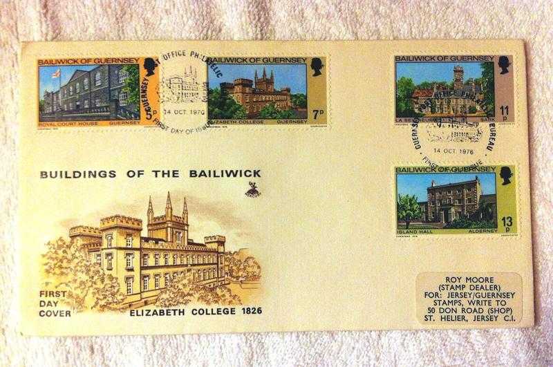 Four first day covers for sale. Buildings of the Bailiwick, Duke of Edinburghs Award Scheme, Queen