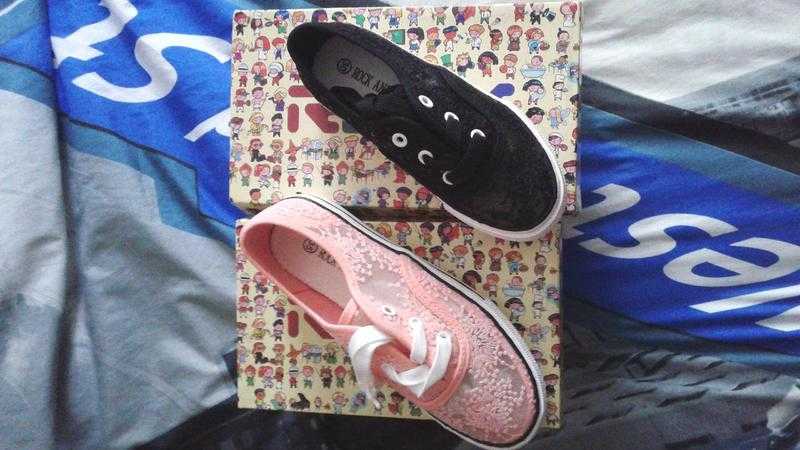 Four pairs of girls sequin and lace trainers