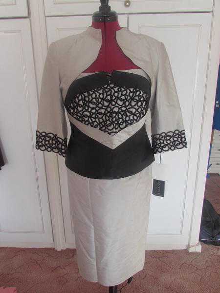 FRANK USHERCOTERIE MOTHER OF THE BRIDE 3 PIECE OUTFIT 100 SILK BNWT IVORYBLACK SIZE 16