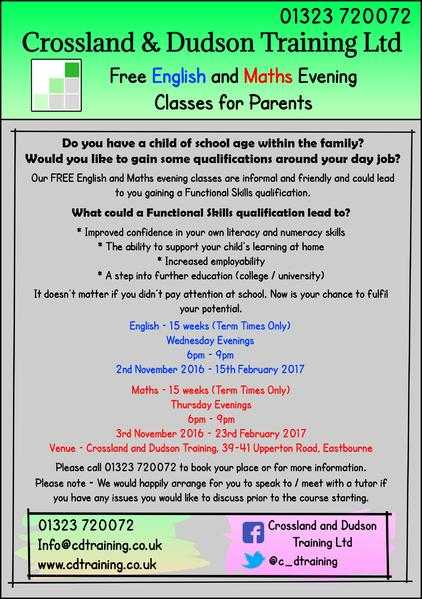 Free English and Maths Evening Classes for Parents