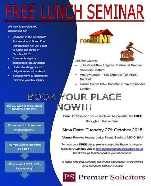 FREE Lunch Seminar 27th OCTOBER 2015 11.30am